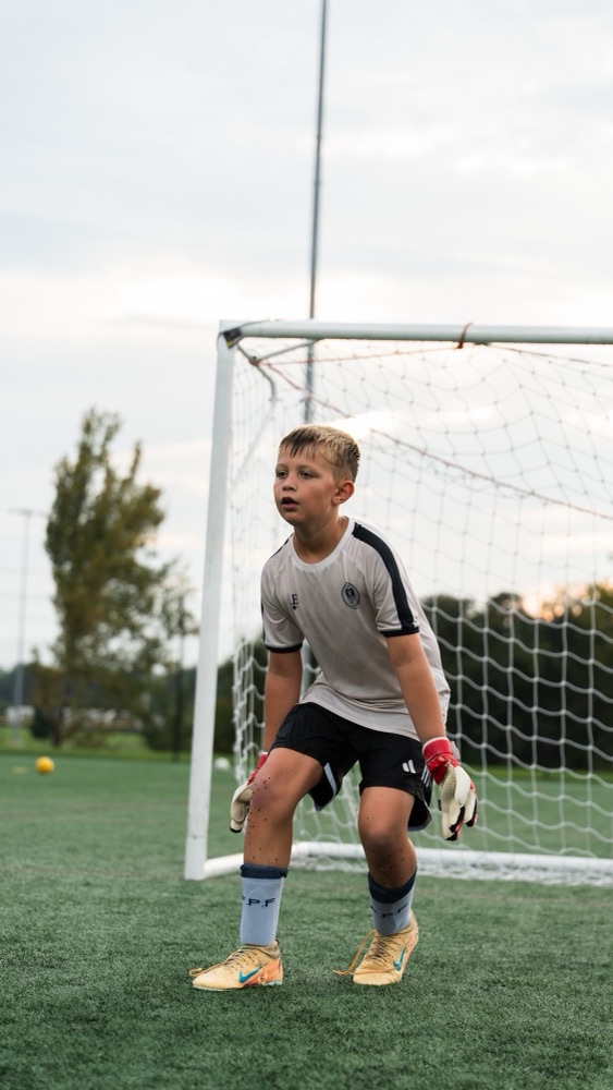 A goalkeeper in a ready stance in front of the goal